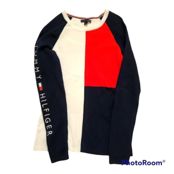 TOMMY Hilfiger colour block 100% cotton knit long sleeve crewneck pullover - Picture 1 of 6
